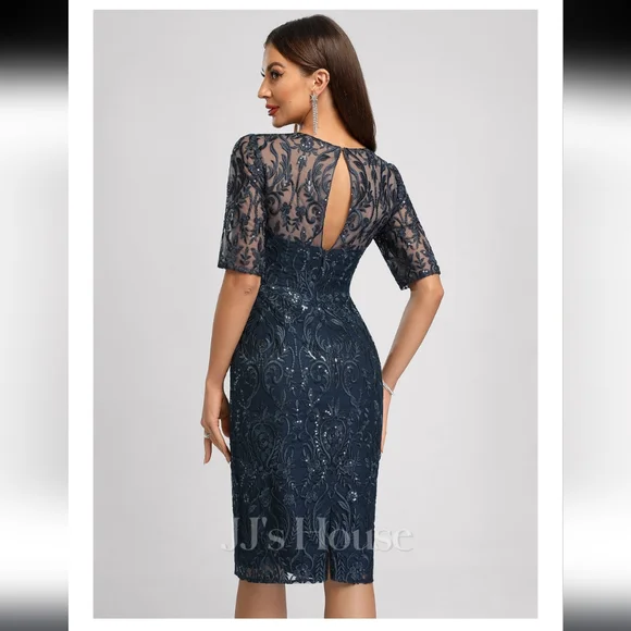 JJs House Navy Lace Midi Dress with Sequins. Sheer neck & sleeves. NWT.  Size 6 - Picture 3 of 11